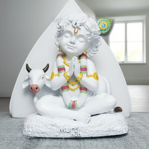 WHITE BAAL KRISHNA WITH COW
