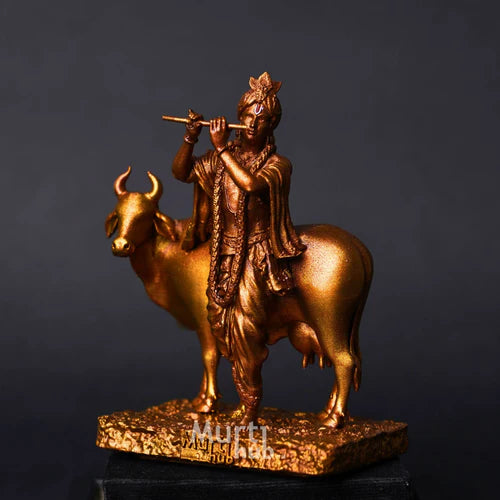 KRISHNA WITH COW ANTIQUE GOLD